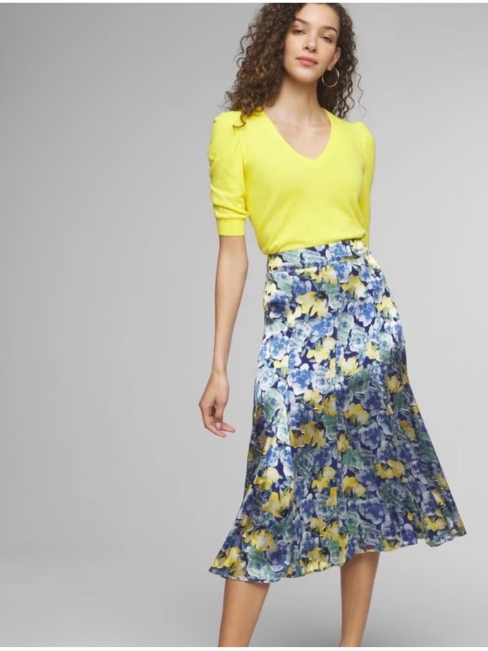Midi Skirt, Silk Blend, Floral Blue & Yellow, WHBM, size 4